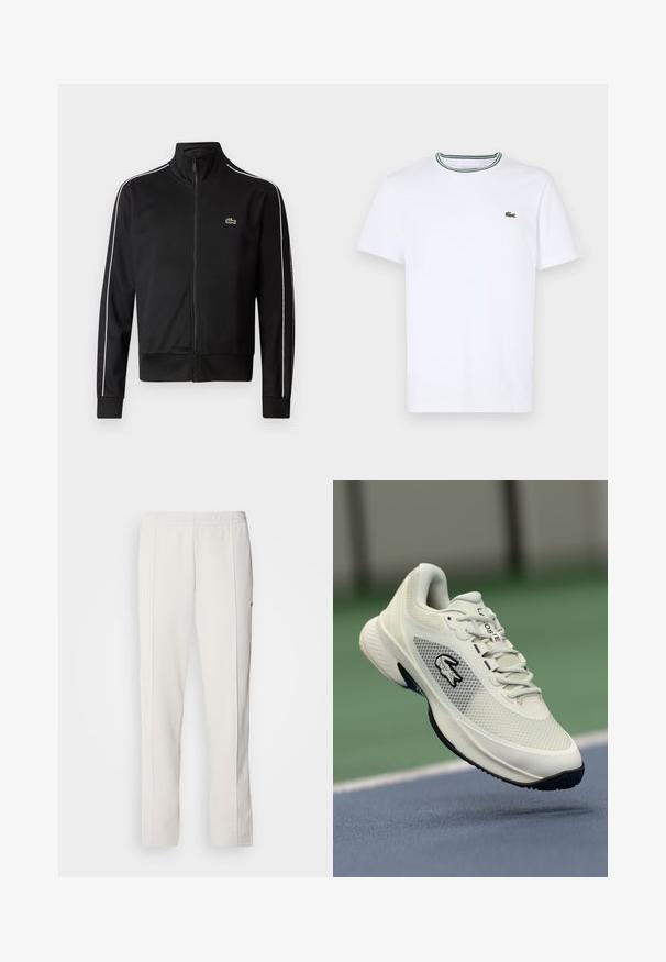 Jachetă sport neagră, cu fermoar, confecționată dintr-un material neted, având dungi albe pe laterale și un mic logo verde pe piept. Design cu guler înalt.; Tricou alb din bumbac cu mânecă scurtă, cu guler ribbed, având dungi verzi și negre; mic logo brodat verde pe partea stângă a pieptului.; Lacoste Pantaloni de trening - hammam; Sneaker athletic alb cu un superior din plasă, accente negre, talpă texturată și un logo proeminent pe lateral, afișat pe un fundal de teren.