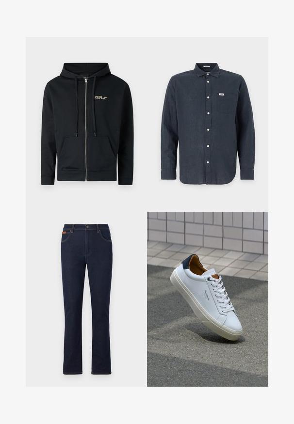 Fekete, pamutból készült, zipzáros kapucnis pulóver, elülső zsebfedéllel. Állítható kapucnival rendelkezik, és arany színű "REPLAY" logó található a mellkasán.; Sötétkék, hosszú ujjú ing, amely lenből készült, gombolható gallérral, elülső zsebbel és fehér gombokkal rendelkezik. A zsebben Wrangler logó található.; Sötétkék farmernadrág egyenes lábvágással, narancssárga varrással, öt zsebbel és gombos derékkal.; Fehér bőr sneaker sötétkék sarkúval, kerek orral és kontrasztos barna részletekkel. Lapított fűzőkkel és textúrált gumitalppal rendelkezik.