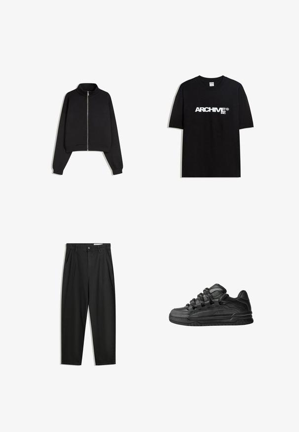 Crni skraćeni dukserica sa zipom i visokom ovratnikom, dugim rukavima i teksturiranom tkaninom. Sadrži detalj sa srebrnim zatvaračem sprijeda.; Crna pamučna majica s bijelim 'ARCHIVE inc.' logotipom preko prsa, kratkim rukavima i okruglim izrezom.; Crne pamučne hlače s opuštenim krojem, s klasičnim pojasom, prednjim nabranjima i bočnim džepovima. Glatka tekstura bez uzoraka.; Crne tenisice s glatkom kožnom gornjom površinom, teksturiranim detaljima i okruglim crnim i bijelim vezicama. Debeli gumeni potplat s uzorkom.
