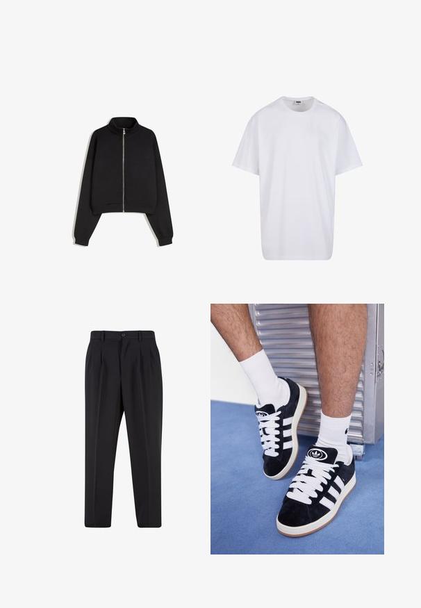 Fekete, rövidített, cipzáros pulóver álló gallérral, hosszú ujjakkal és texturált anyagból készült. Elöl ezüst színű cipzár részlet található.; Fehér pamut póló rövid ujjal, kerek nyakú, laza szabású, és nincsenek látható logók vagy minták. Simább textúra és minimalista dizájn.; Fekete nadrág, pliszézett elejű dizájnnal, sima anyagból készült. Gombos záródás és övhurkok jellemzik; egyenes szabású.; Fekete velúr sportcipők fehér fűzőkkel és három fehér csíkkal. A nyelvén egy kör alakú fekete logó található, valamint egy gumis talp.