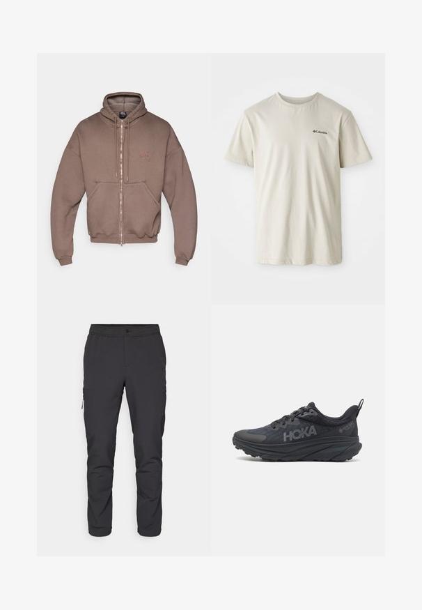 Bruine hoodie met rits, voorzien van een ruime voorkantzak, geribbelde manchetten en zoom. Heeft een geborduurd logo op de borst, gemaakt van gestructureerde stof.; Beige katoenen T-shirt met korte mouwen, ronde hals en een klein zwart logo op de linkerborst. Glad, ongeversierd stof.; Zwarte, taps toelopende broek met een elastische tailleband, een ritszak aan de zijkant en een heerlijke, lichte stof. Ideaal voor actieve kleding.; Zwarte Hoka hardloopschoen met een bovenwerk van mesh, textuurdetails en een dikke, gevoerde zool met taps toelopende randen voor verbeterde ondersteuning.