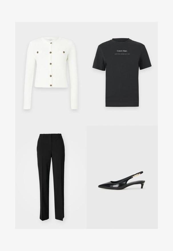 Cardigã branco com mangas longas, decote redondo e design curto. Apresenta botões em tom dourado e dois pequenos bolsos frontais. Textura macia.; T-shirt de algodão preto com decote redondo, mangas curtas e logotipo "Calvin Klein" impresso em branco, acompanhado do texto "Established 1968".; Calças pretas de corte ajustado com um design de perna reta, apresentando uma textura lisa e pregas bem definidas na frente. Sem hardware visível.; Saltos slingback em couro preto com bico fino, apresentando um salto esguio e um detalhe em tom dourado na alça ajustável. Textura suave.