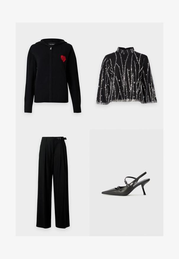 Svart zip-up hettegenser laget av et mykt stoff. Har et rødt brodert hjerte-design på venstre bryst og ribbestrikkede mansjetter og kant.; Svart topp med høy hals, prydet med sølvfargede paljetter i vertikale linjer, gjennomsiktige ermer og teksturert stoff.; Svarte vide bukser med høy livlinje, folder foran og belte med spenne. Laget av glatt, lett materiale.; Sorte skinn slingback-hæler med spiss tå, slank hæl og dekorativ spenne detalj på vampsiden. Glatt tekstur og stilrent design.