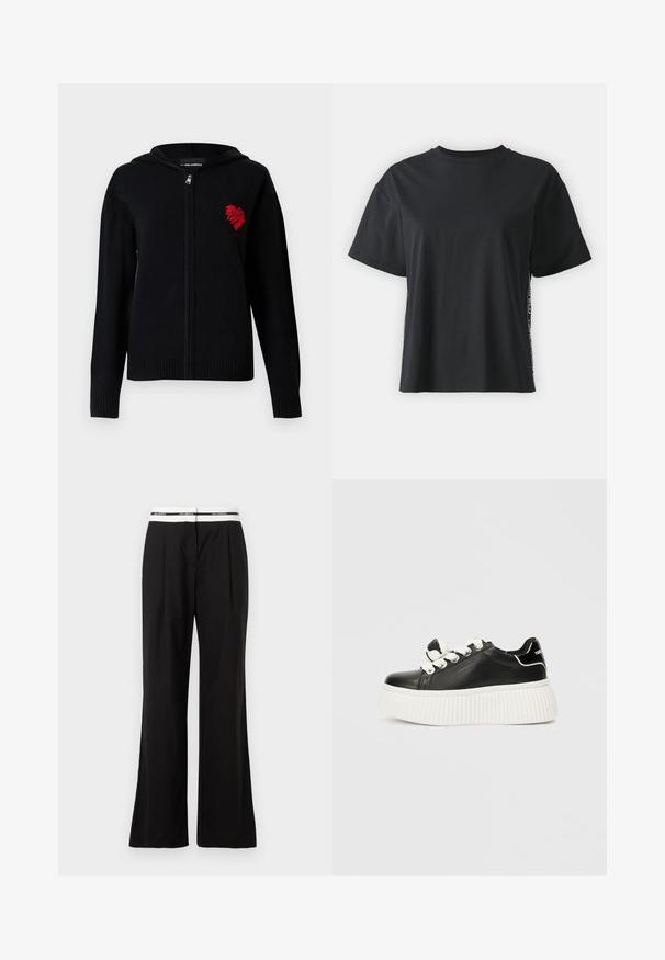 Čierna mikina na zips vyrobená z jemnej látky. Má na ľavej hrudi červený výšivkový dizajn srdca a rebrované manžety a lem.; Čierne tričko s krátkym rukávom z bavlny, vo voľnom strihu, s kontrastným postranným panelom, na ktorý sú umiestnené malé nápisy a designové detaily.; Čierne nohavice s voľnejším strihom, s bielym elastickým pásom s brandingom. Vyrobené z hladkého materiálu s jemným leskom.; Čierne kožené tenisky s hrubou bielou rebrovanou podošvou, so svetlými šnúrkami a dekoračným uzlom na jazyku.