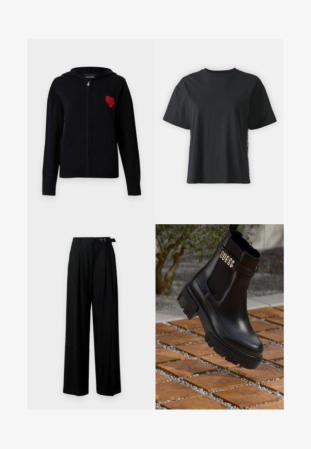 Čierna mikina na zips vyrobená z jemnej látky. Má na ľavej hrudi červený výšivkový dizajn srdca a rebrované manžety a lem.; Čierne tričko s krátkym rukávom z bavlny, vo voľnom strihu, s kontrastným postranným panelom, na ktorý sú umiestnené malé nápisy a designové detaily.; Čierne široké nohavice s vysokým pásom, skladmi vpredu a opaskom s prackou. Vyrobené z hladkej, ľahkej textílie.; Čierne kožené členkové topánky s masívnou gumovou podrážkou, elastickými bočnými panelmi a zlatým akcentom s logom "GUESS".