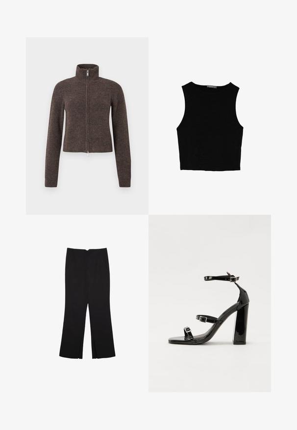 Maglione marrone con zip, collo alto e design aderente. Realizzato in morbido materiale a maglia testurizzato. Presenta maniche lunghe e lunghezza corta.; Top corto senza maniche nero realizzato in tessuto liscio, con scollatura rotonda e un design pulito e semplice, privo di pattern o accessori.; Pantaloni neri a gamba dritta, con tasche frontali e spacchi laterali all'orlo. Realizzati in tessuto morbido e liscio. Adatti a diverse occasioni.; Sandali con tacco in vernice nera, con punta squadrata, cinturini alla caviglia e fibbie in argento. Presentano un tacco a blocco spesso per maggiore stabilità.