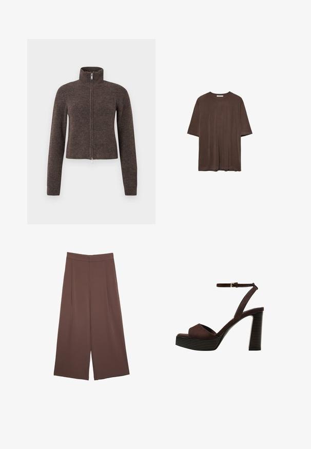 Rjavi pulover na zadrgo z visokim ovratnikom in oprijeto obliko. Iz mehkega, teksturiranega pletenega materiala. Ima dolge rokave in skrajšano dolžino.; Rjava kratka majica s kratkimi rokavi, izdelana iz mehkega materiala, z okroglim izrezom in sproščenim krojem. Gladka tekstura brez vzorcev ali dodatkov.; Rjave široke hlače z gladko teksturo, ki imajo visok pas in sprednje naborke. Tkanina je lahka in prosto pada.; Rjave semiš sandale z visoko peto, odprto spredaj, z nastavljivim gležnjenjem in črtastim podplatom.