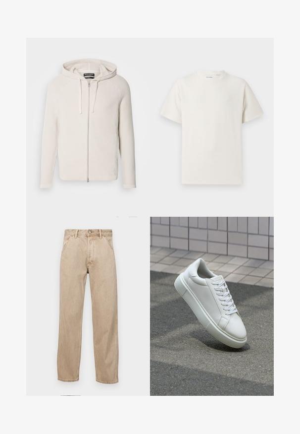 Svetlo bež zip-up kapuca s teksturiranim pletenim dizajnom, s kapuljačom na vezanje in rebrastimi manšetami. Diskretny logotip ob robu.; Bela majica s kratkimi rokavi iz rebraste tkanine. Okrogli izrez, sproščen kroj, brez vidnih vzorcev ali naglasov. Preprosta in vsestranska zasnova.; Beige jeans iz džinsa s ravnim nogavicama, ki imajo sprednje žepe, kovinsko zapiranje in subtilno teksturo.; Bela usnjena teniska obutev z gladko površino, okroglo konico in ravnimi belimi vezalkami. Ima teksturiran gumijast podplat in minimalne oblikovalske elemente.