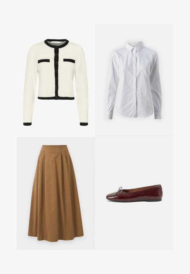 Biała krótka kardigan w miękkim materiale z czarnymi wykończeniami, z okrągłym dekoltem, zapięciem na guziki i dwiema kieszeniami na piersi.; Biała koszula zapinana na guziki, wykonana z gładkiej bawełny, z klasycznym kołnierzykiem, długimi rękawami i zaokrąglonym dołem. Guziki są małe i białe.; Brąskowa bawełniana spódnica w kształcie litery A z wysokim stanem, z plisami z przodu i gładką fakturą. Wykończenia dołu są czyste i proste.; Bordowe baleriny z lakierowanej skóry z zaokrąglonym noskiem, małą kokardką z przodu oraz niską, czarną gumową podeszwą. Gładka tekstura.