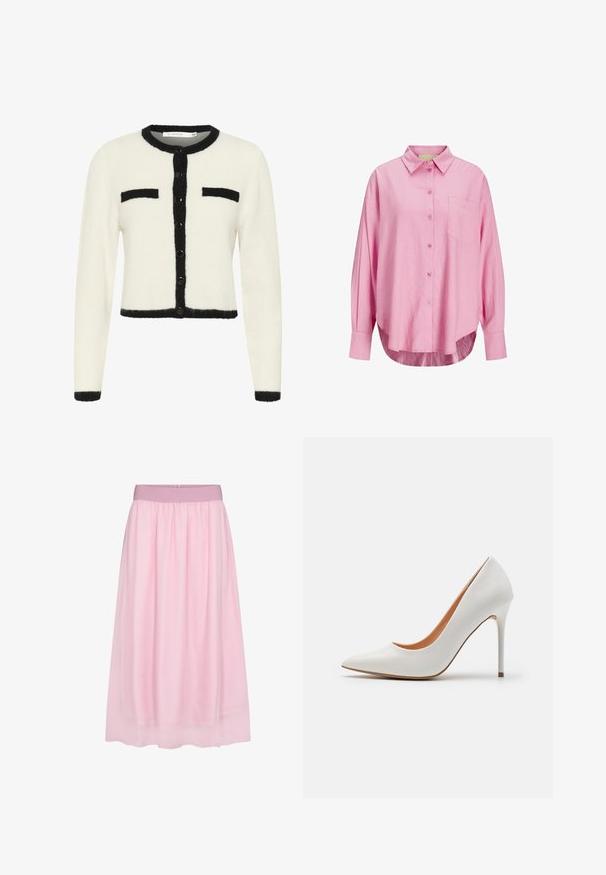 Biely skrátený kardigán z jemnej látky s čiernym okrajom, s okrúhlym výstrihom, zapínaním na gombíky a dvoma náprsnými vreckami.; Svetloružová košeľa na gombíky s golierom, dlhými rukávmi, jednou náprsníkovou vreckom a mierne zakriveným lemom. Tkanina vyzerá mäkko.; Ružová tylová sukňa s jemným, priehľadným dizajnom. Obsahuje elastický pás a splývavý strih, vytvárajúc vrstvený efekt.; Biele lakkové vysoké podpätky s špicatou špičkou a štíhlym stiletto opätkom, s hladkou textúrou a béžovým interiérom.