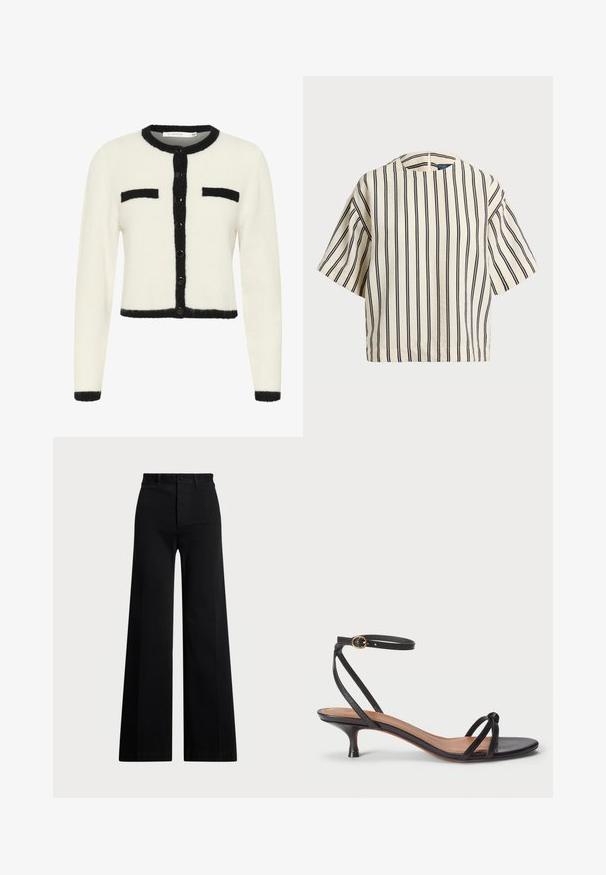 Witte geknipte cardigan van zachte stof met zwarte randen, voorzien van een ronde halslijn, knoopsluiting en twee borstzakken.; Korte mouwen, gestreepte top in crème en marineblauw, met een ronde halslijn en een boxy ontwerp van een textuurstof.; Zwarte wijde broek van geweven stof, met een hoge taille, sluiting met een knop aan de voorkant en zijzakken. Soepele textuur met strakke lijnen.; Polo Ralph Lauren LEATHER KITTEN-HEEL SANDAL - Klassieke pumps - black
