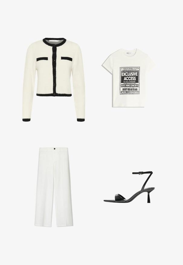 Bela skrajšana jopica iz mehkega materiala s črnimi robovi, z okroglo ovratnico, zapiranjem na gumb in dvema žepoma na prsih.; Bela majica s črnim napisom, ki promovira glasbeni dogodek, z besedami "Ekskluziven dostop," "Rock Indie koncerti" in "Superzvezdniška glasbena izkušnja."; Beli, široke hlače z gladko teksturo, ki imajo sprednji gumb in zankice za pas, zasnovane za sproščen kroj.; Bershka Sandali z visoko peto - black