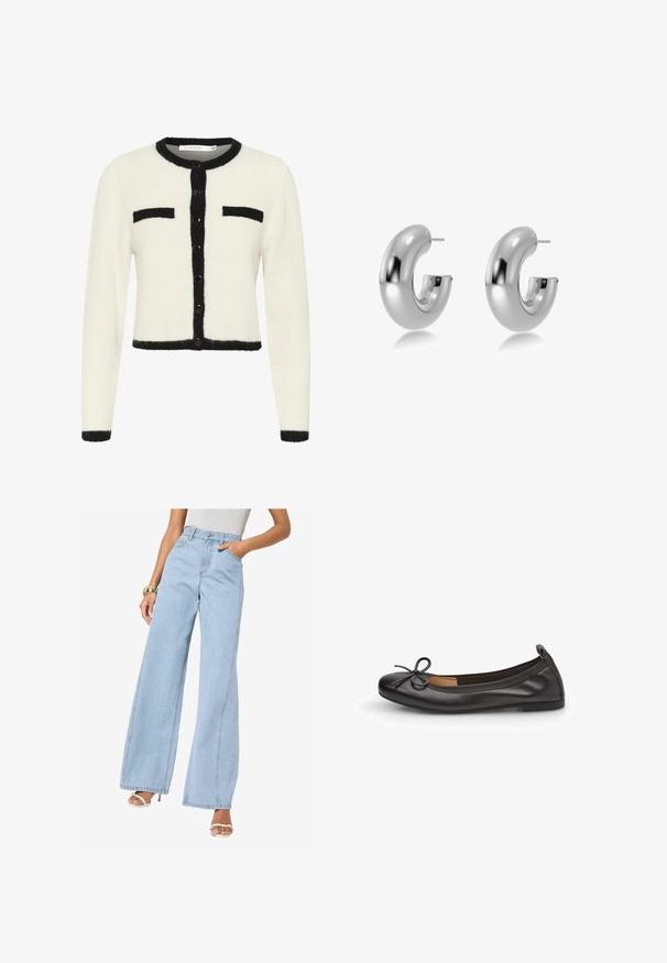 Vit kort cardigan i mjukt material med svarta detaljer, med rund halsringning, knappstängning och två bröstfickor.; Vit långärmad topp med båthals. Tillverkad av mjukt material, har utställda ärmar och en rak nederkant, vilket ger en enkel och mångsidig design.; Ljusblå vida jeans med hög midja, framfickor och centrala sömmar; tillverkade av denim med en mjuk textur.; Svart läderballerina med rund tå, smal rosettdetalj framtill och elastiskt kant för en säker passform. Platt sula för komfort.; Silverfärgade, polerade metallörhängen med en slät, rundad form och en öppen lucka fram. Har en stiftbaksida för säker användning.