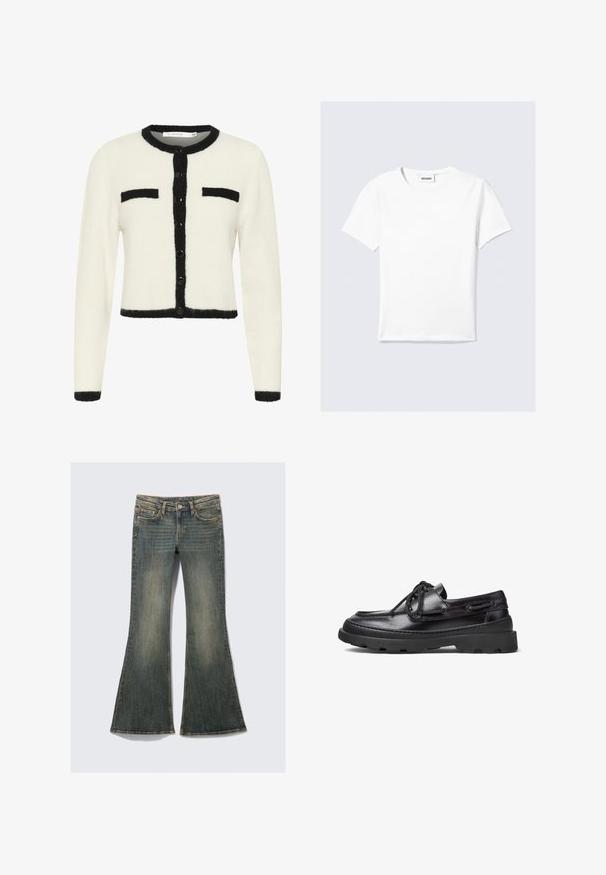Cardigan alb scurt, dintr-un material moale, cu margini negre, având un guler rotund, închidere cu nasturi și două buzunare pe piept.; Tricou alb cu mâneci scurte din bumbac, prevăzut cu guler rotund și tiv drept. Design minimalist, fără modele sau accente vizibile.; Blugi evazați de denim într-o nuanță albastră decolorată, cu un design clasic cu cinci buzunare, având o textură ușoară și accente de cusături vizibile.; Bărcuțe din piele neagră, cu vârf rotunjit, design cu șireturi, detalii cusute și o talpă groasă din cauciuc, având un model texturat pentru aderență.
