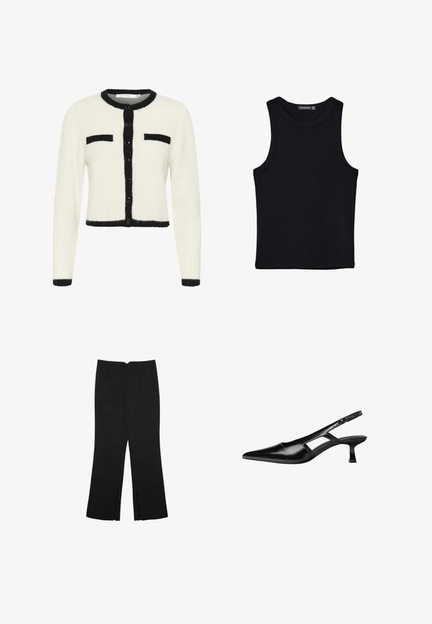 Bijela skraćena jakna od mekog materijala s crnim obrubom, sa okruglim izrezom, zatvaranjem na dugmad i dva džepa na prsima.; Crni top bez rukava od pamuka, s okruglim izrezom i širokim izrezima za ruke. Glatka tekstura s ušivenim rubovima. Klasičan, minimalistički dizajn.; Crne hlače ravnog kroja, s prednjim džepovima i bočnim prorezima na rubu. Izrađene od mekog i glatkog materijala. Pogodne za razne prigode.; Crne lakirane natikače na remenčić sa špicastim nosom, dizajnom sa izrezima sa strane i malim kvadratnim potplatom. Glatka tekstura s minimalnim akcentima.