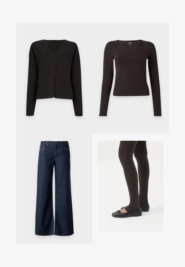 Cardigan negro de cuello en V con mangas largas, con un cierre de botones en la parte delantera y botones redondeados. Tejido de punto suave con un diseño minimalista.; Top negro de manga larga, ajustado, con escote cuadrado, etiquetado como GAP, presentado sobre un fondo blanco.; Jeans de pierna ancha en denim azul oscuro. Presenta costuras en contraste, cinco bolsillos y un cierre de botón en la cintura. Textura suave.; Zapatos planos negros con un pequeño lazo en la punta, combinados con medias de punto en marrón oscuro. Los zapatos tienen una textura suave y un perfil bajo.