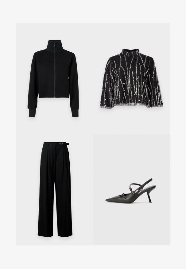 Svart cropped zip-jakke i mykt stoff. Har høy krage og lange ermer med ribbestrikkede mansjetter. Sømdetalj over brystet.; Svart topp med høy hals, prydet med sølvfargede paljetter i vertikale linjer, gjennomsiktige ermer og teksturert stoff.; Svarte vide bukser med høy livlinje, folder foran og belte med spenne. Laget av glatt, lett materiale.; Sorte skinn slingback-hæler med spiss tå, slank hæl og dekorativ spenne detalj på vampsiden. Glatt tekstur og stilrent design.