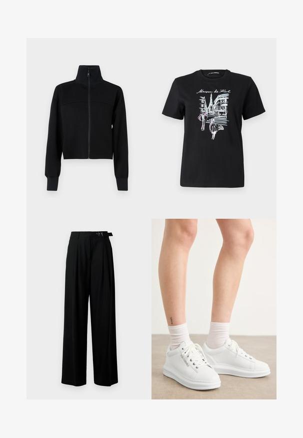 Svart cropped zip-jakke i mykt stoff. Har høy krage og lange ermer med ribbestrikkede mansjetter. Sømdetalj over brystet.; Svart bomull t-skjorte med grafisk design av parisiske gater med et tårn, aksentert med rosa og hvit linjekunst. Rund hals.; Svarte vide bukser med høy livlinje, folder foran og belte med spenne. Laget av glatt, lett materiale.; Hvite skinn-sneakers med glatt tekstur, rund tå og flat gummisåle. Snøringen er synlig, og sokkene har hvit mansjett.