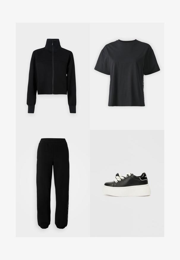 Crna skraćena jakna na patentni zatvarač od mekog materijala. Ima visoki ovratnik i duge rukave s rebrastim manžetama. Šavni detalj preko prsa.; Crna pamučna majica kratkih rukava s opuštenim krojem i kontrastnim bočnim panelom koji sadrži sitan tekst i detalje dizajna.; Crne trenirke s elastičnom trakom u struku i na manžetama. Napravљene su od mekog materijala s suptilnim detaljem dizajna na lijevoj nozi.; Crne kožne tenisice s debelim bijelim rebrastim potplatom, s bijelim vezicama i dekorativnom mašnom na jeziku.