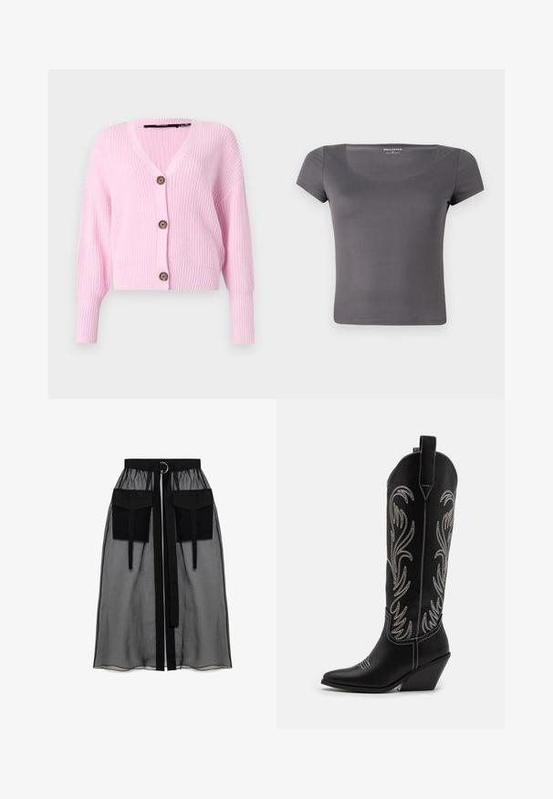 Rozā īsā kardigāna no adīta auduma, ar V veida kakla izgriezumu, garām piedurknēm un četriem brūniem pogām priekšpusē. Teksturēta virsma.; Pelēka īsām piedurknēm T-krekls ar noapaļotu kakla izgriezumu, izgatavots no gludas, elastīgas auduma. Iecienīta dizaina ar pieguļošu fasonu un diskreto logo.; Melnā caurspīdīgā svārka ar salikto jostasvietu, kas ietver divas lielas priekšējās kabatas, jostas saitīti un apaļu metāla akcentu.; Melnas ādas kovboju zābakus ar norādītām pirkstiem, sānām paceltu papēdi un sudraba izšūtām ziedu rakstiem gar zābaka kāju. Kontrasta dūrieni visā zābakā.