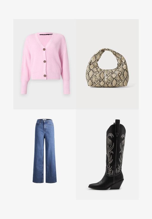 Vaaleanpunainen lyhythihainen neulecardigan, jossa on V-pääntie, pitkät hihat ja edessä neljä ruskeaa nappia. Pintakuviointi.; Harmaa lyhythihainen t-paita pyöreällä kaula-aukolla, valmistettu sileästä ja joustavasta kankaasta. Ominaista on istuvat muotoilu ja huomaamaton logo.; Vaaleansiniset farkut leveillä lahkeilla, korkea vyötärö, kaksi etutaskua ja näkyvät ompeleet. Varustettu napilla ja vetoketjulla.; Mustat nahkasaappaat cowboy-tyyliin, joissa on terävät varpaat, viistot korot ja hopeiset brodeeratut kukkakuviot varressa. Eroava ompelu koko saappaassa.; Käärmeennahkakuosiset käsilaukku, jossa on kaareva kahva. Tehty teksturoiduista beigeistä ja ruskeista materiaaleista, joissa on erottuva timanttikuvio.