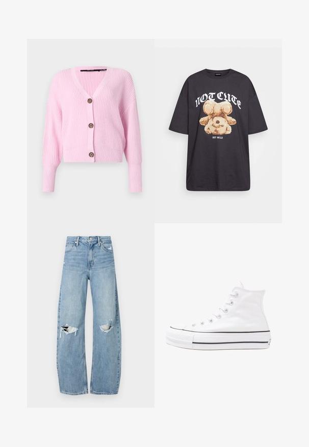 Rožinė trumpa megztinė, pagaminta iš trikotažo, su V formos iškirpte, ilgomis rankovėmis ir keturiomis rudomis sagomis priekyje. Textūruotas paviršius.; Juodas per didelis marškinėliai su bearo grafika ir tekstu "NE SIAUBINGA, BET NERAMUS" bold baltomis raidėmis. Pagaminta iš medvilnės.; Šviesiai mėlynos, aukštu juosmeniu džinsai pagaminti iš džinsinio audinio. Turi plačias kojų kelnes, dvi suplėšytas kelio vietas ir klasikinį penkių kišenių dizainą.; Balti aukštakulniai drobės sportbačiai su juodu guminio pado, priekinio guminio piršto dangteliu ir šešiais akytėmis raištams, pasižymintys švariu, minimalistiniu dizainu.