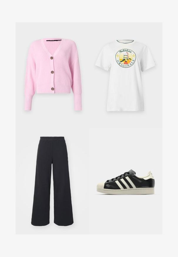Růžový zkrácený kardigan vyrobený z pletené látky, s výstřihem do V, dlouhými rukávy a čtyřmi hnědými knoflíky vpředu. Texturovaný povrch.; Bílý bavlněný tričko s krátkým rukávem, se zaobleným grafickým logem v zelené a žluté barvě, které zobrazuje "Adidas Originals" a designy ovoce.; Černé široké tepláky vyrobené z měkké tkaniny, s elastickým pasem a malým logem na levé straně.; Černé kožené sneakers s bílými pruhy, gumovou špičkou, černými tkaničkami a krémovou podešví. Hladký povrch s lesklým finišem.