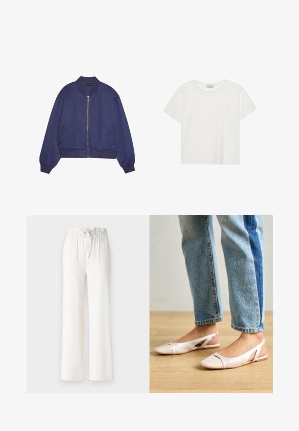 Navy bomber jacket with a zip front, ribbed cuffs, and waistband. Soft fabric with a smooth texture. Side pockets are integrated into the design.; White short-sleeve T-shirt made of soft cotton. Features a round neckline and relaxed fit. Clean design with no visible patterns or accents.; White wide-leg pants made of soft fabric, featuring a drawstring waist and smooth texture. No patterns or embellishments visible.; Pale pink slingback flats with a pointed toe, made from a smooth leather-like material. Features cut-out details at the sides and a flat heel.