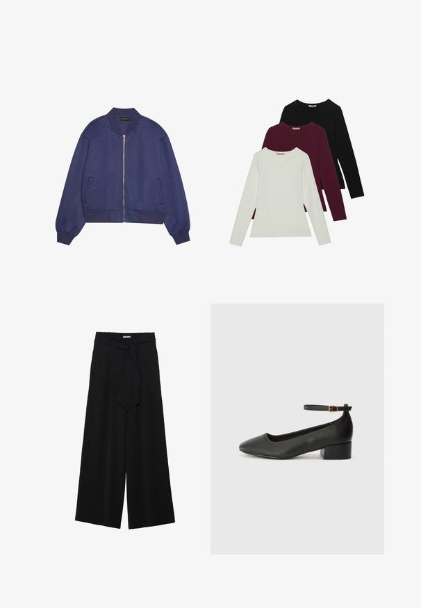 Námornícka bomber bunda so zipsom vpredu, rebrovanými manžetami a pásom. Mäkka látka s hladkým povrchom. Bočné vrecká sú integrované do dizajnu.; Dlhé rukávy tričká v bielej, burgundskej a čiernej farbe. Vyrobené z jemného materiálu s okrúhlym výstrihom a priliehavým strihom. Vhodné na vrstvenie.; Čierne široké nohavice s textúrovanou tkaninou, elastickým pásom a odnímateľným viazaním na páse pre nastaviteľné priliehanie.; Čierne kožené lodičky s špicatou špičkou a nízkym blokovým podpätkom. Obsahuje remienok okolo členka so zlatým prackou. Hladký povrch.