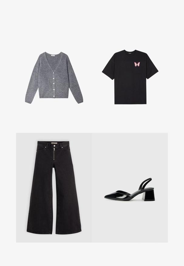 Cardigan gris en tissu doux et texturé. Présente un décolleté en V profond, des manches longues et six boutons blancs sur le devant.; T-shirt en coton noir à manches courtes, avec un petit graphique de papillon rose sur la poitrine gauche. Modèle à col rond avec une coupe décontractée.; Jean large en denim noir avec une fermeture éclair à l'avant, un design à cinq poches et des détails de couture subtils. Texture lisse et style décontracté.; Escarpins en cuir verni noir avec bout pointu et talon bloc géométrique. Présente un design élégant et minimaliste ainsi qu'une texture lisse.