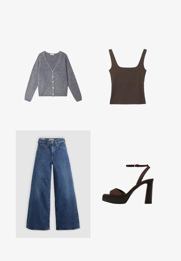 Cardigan gris en tissu doux et texturé. Présente un décolleté en V profond, des manches longues et six boutons blancs sur le devant.; Haut sans manches marron avec un décolleté carré, fabriqué à partir d'un tissu doux et extensible. Présente un design ajusté et des coutures plates.; Jean en denim bleu à jambes larges avec cinq poches, une fermeture à bouton et des coutures contrastées, offrant une finition douce et texturée.; Sandale à talons hauts en suede marron avec un bout ouvert, une bride de cheville réglable et une semelle de plateforme rayée.