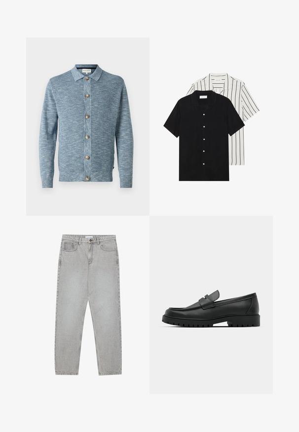Light blue knitted cardigan with a textured pattern, featuring a button-down front and wooden buttons, long sleeves, and a classic collar.; Two short-sleeve shirts: one solid black, one white with black vertical stripes. Both feature button closures and a classic collar.; Light grey denim pants with a straight-leg design, five-pocket styling, and a button closure. Visible stitching along the seams.; Black leather loafers with a rounded toe, featuring a stitched design, low platform sole, and a textured, lugged rubber outsole.