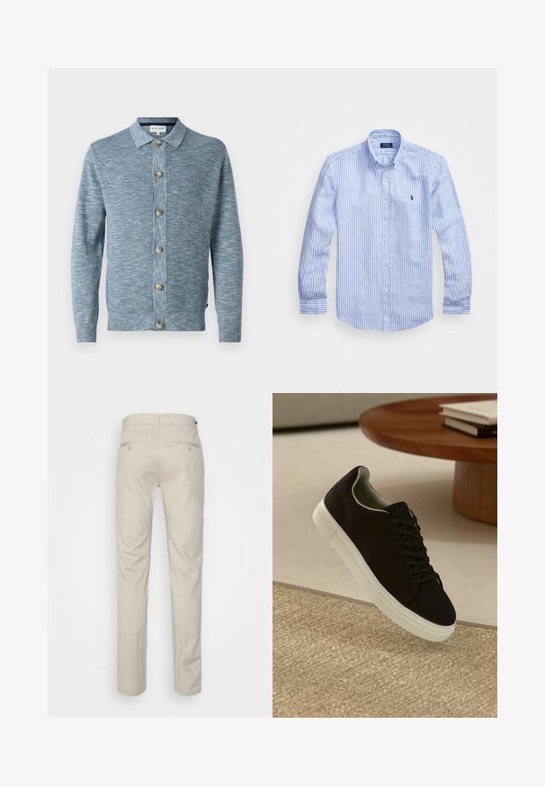 Light blue knitted cardigan with a textured pattern, featuring a button-down front and wooden buttons, long sleeves, and a classic collar.; Blue and white striped long-sleeve shirt made of cotton, featuring a button-down collar, front buttons, and a small embroidered logo on the chest.; Beige trousers with a smooth texture, straight cut, two back pockets with buttons, and a standard waistband.; Black sneaker with white sole floating above beige textured rug near round wooden table with stacked books.