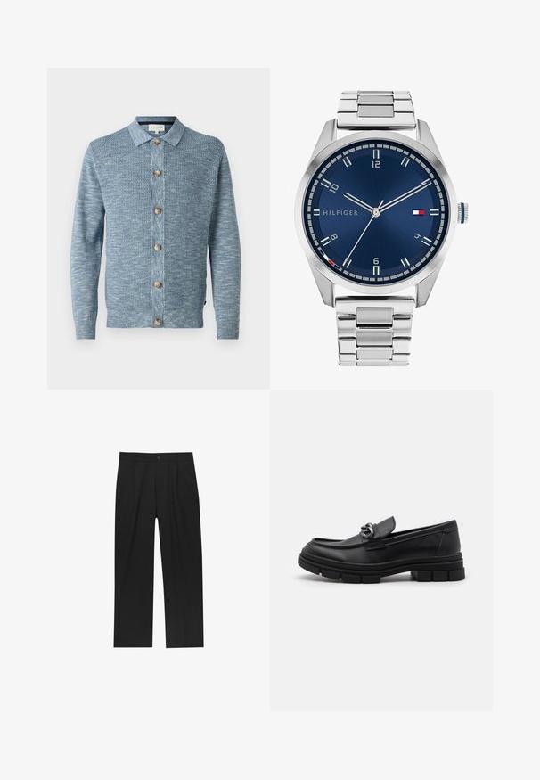 Lyseblå strikket cardigan med et struktureret mønster, med knaplukning foran og træknapper, lange ærmer og klassisk krave.; Sæt af otte sorte bomulds t-shirts med korte ærmer og rund hals, der har et enkelt design og en blød tekstur.; Sorte bukser med lige ben, lavet af et glat stof. Har frontfolder og en enkelt knaplukning i taljen.; Sort læderloafer med rund tå, en dekorativ rem og hardware, samt en chunky tekstureret sål. Glat finish med subtile detaljer.; Sølvmetal ur med en børstet blå urskive, hvide timemarkører og en datovisning. Har et sammenkædet metalarmbånd og brandlogo.