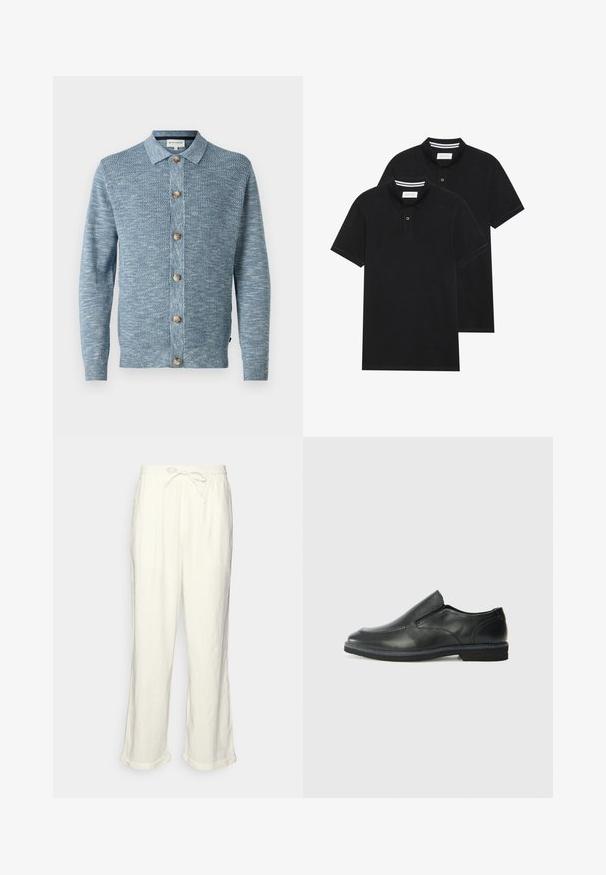 Cardigã tricotado azul claro com um padrão texturizado, apresentando uma frente com botões e botões de madeira, mangas compridas e um colarinho clássico.; Duas camisetas polo pretas, de manga curta, em material de algodão, com colarinho clássico, abertura com dois botões e detalhes em riscas brancas no interior do colarinho.; Calças de linho em off-white com um cós elástico, pernas ligeiramente largas e acabamentos dobrados para um ajuste descontraído. Sem bolsos.; Sapato slip-on preto em pele com um upper liso, acabamentos cosidos, bico arredondado e um salto de borracha baixo. A sola apresenta um padrão de aderência mínimo.