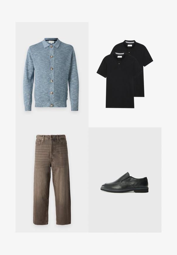 Világoskék kötött kardigán, texturált mintával, gombos elejével, fára készült gombokkal, hosszú ujjaival és klasszikus gallérral.; Két fekete pólóing, rövid ujjú, pamut anyagból készült, klasszikus gallérral, két gombos gombolással, és fehér csíkos díszítéssel a gallér belső részén.; Barna, széles lábú farmernadrág, denim anyagból készült. Cipzáras záródás, övbújtatók és öt zseb található rajta. Az anyag megjelenése halvány pattanásos hatású.; Fekete bőr, slip-on cipő sima felsőrésszel, varrott díszítéssel, lekerekített orral és alacsony gumitalppal. A talpa minimális bordázattal rendelkezik.