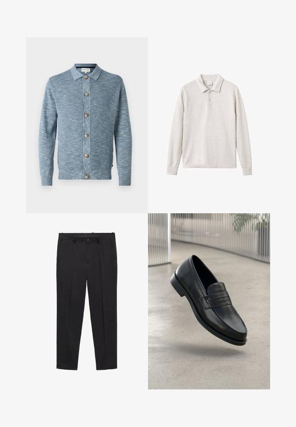 Cardigan en tricot bleu clair avec un motif texturé, doté d'une fermeture à boutons à l'avant et de boutons en bois, avec des manches longues et un col classique.; Polo à manches longues gris clair avec patte de boutonnage à trois boutons, col et poignets côtelés, fabriqué à partir d'un tissu doux au toucher lisse.; Pantalon noir ajusté en tissu lisse, avec une taille plate, des passants de ceinture et des poches latérales. Design à jambe droite.; Mocassin en cuir noir à texture lisse, bout pointu et bande décorative sur le cou-de-pied. Semelle légère, design minimaliste.