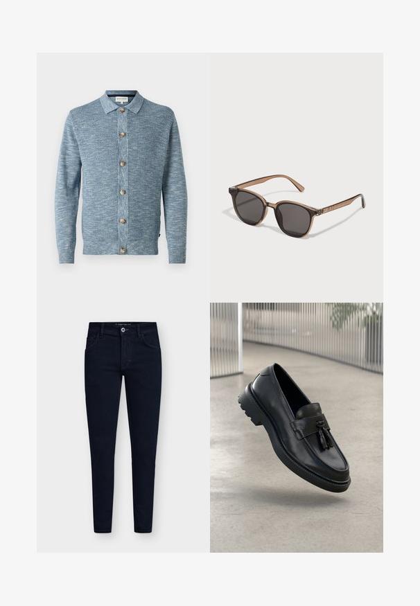 Cardigan en tricot bleu clair avec un motif texturé, doté d'une fermeture à boutons à l'avant et de boutons en bois, avec des manches longues et un col classique.; Ensemble de cinq t-shirts à manches courtes en blanc, beige, gris clair, gris foncé et noir. Fabriqués en coton doux, présentant un design à col rond.; Jeans slim fit bleu foncé avec cinq poches, une fermeture à bouton et un tissu denim robuste. Présente un design classique et des coutures minimales.; Mocassins en cuir noir à finition lisse, avec pompon décoratif, semelle en caoutchouc épaisse et détails cousus. Design léger et élégant.; Lunettes de soleil en plastique marron avec des verres foncés, de forme arrondie et branches effilées. Ornementation notable sur les branches.