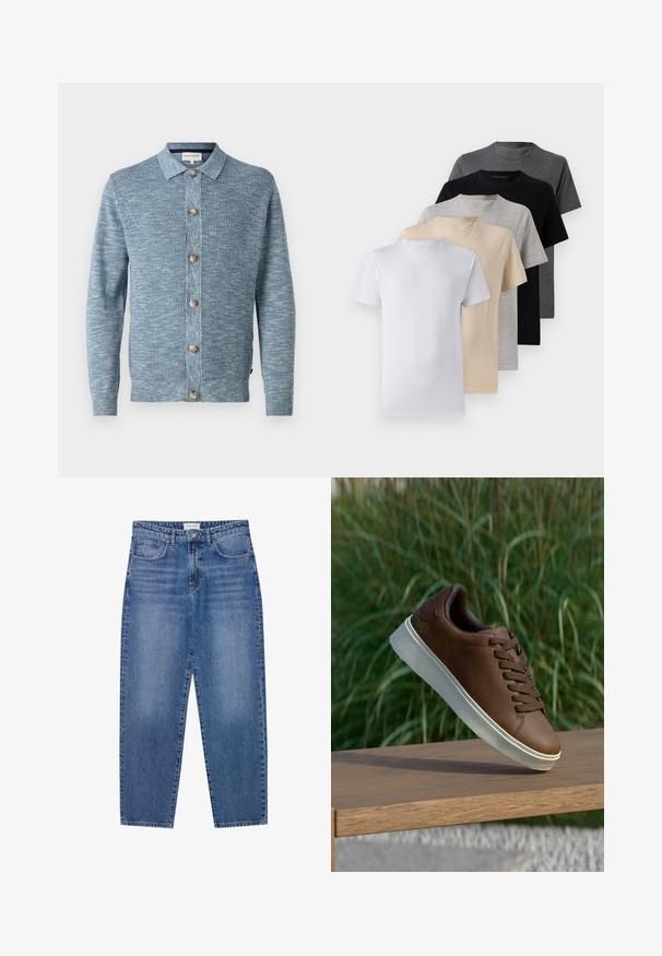 Šviesiai mėlyna megzta kardiganas su tekstūriniu raštu, turintis sagų užsegimą priekyje su medinėmis sagomis, ilgomis rankovėmis ir klasikiniai apykakle.; Penki trumpomis rankovėmis marškiniai, baltos, smėlio, šviesiai pilkos, tamsiai pilkos ir juodos spalvų. Pagaminti iš švelnaus medvilnės, suapvalinto kaklo dizainu.; Mėlyni džinsai su aukštu liemeniu, tiesiomis kojomis ir nusidėvėjusiu paviršiumi. Turi penkias kišenes ir mygtukų užsegimą.; Rudos odinės sportinės bateliai su balta guma padais, suapvalinta nosimi ir rudomis raišteliais. Tekstūruota atrama ant padais ir lygus paviršius viršuje.