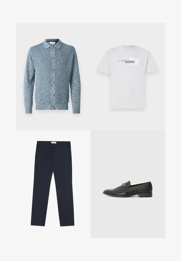 Lichtblauwe gebreide cardigan met een gestructureerd patroon, voorzien van een knoopsluiting aan de voorkant en houten knopen, lange mouwen en een klassieke kraag.; Witte katoenen t-shirt met een grafische print van "NORTHERN AESTHETICS" en "EST. 2007" in het grijs. Klassieke ronde hals, korte mouwen.; Marineblauwe chino's van katoen met een gladde textuur, voorzien van een ritssluiting, riemlussen en zijzakken voor functionaliteit.; Zwarte leren instapper met een gladde afwerking, voorzien van een gestikt ontwerp en een decoratieve metalen kettingaccent over de wreef. Platte hak.