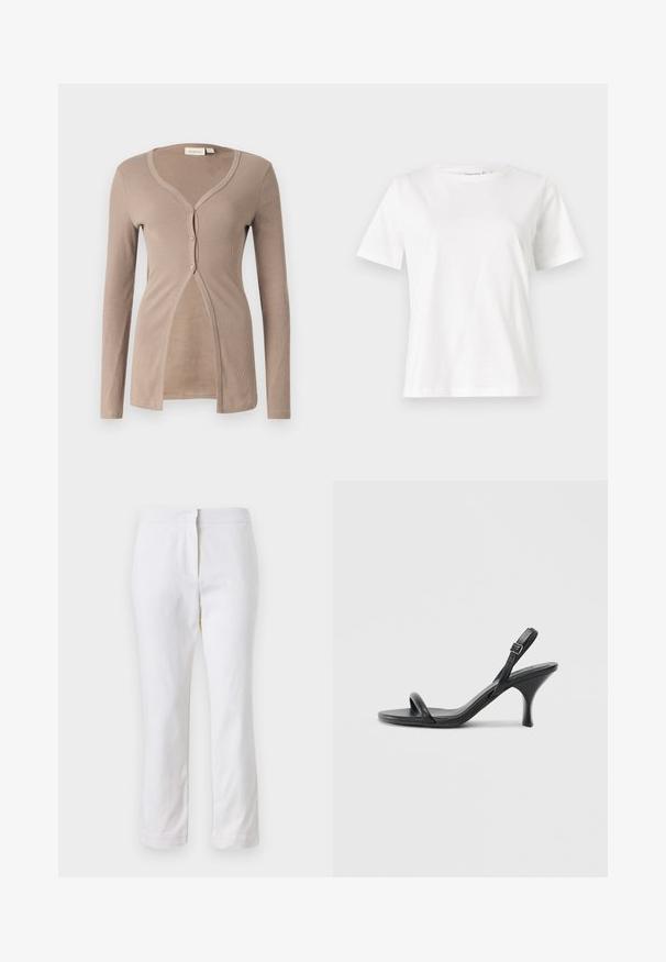Bežani rebrasti kardigan s dugim rukavima, V-izrezom i zatvaranjem na pet dugmadi. Ima mekanu teksturu i dizajn s prednjim otvorom za opuštenu prilagodbu.; Bijela pamučna majica s kratkim rukavima, okruglim izrezom i opuštenim krojem. Glatka tekstura, bez uzoraka ili akcenata, minimalistički dizajn.; Bijele pamučne hlače ravnog kroja, sa strukom srednje visine i bez vidljivih metalnih dijelova ili uzoraka. Glatka tekstura kroz cijelu dužinu.; Crne kožne sandale na visoku petu s tankom, zakrivljenom petom i dizajnom prekriženih traka. Podesiva traka oko gležnja. Glatka tekstura.