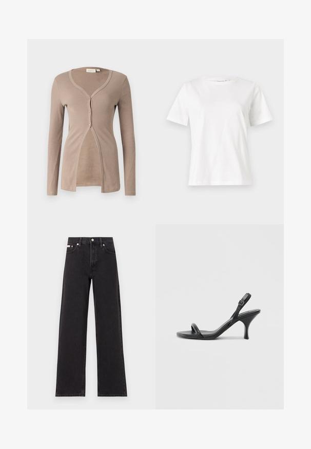 Cardigan beige com nervuras, mangas longas, decote em V e fecho com cinco botões. Apresenta uma textura suave e um design de abertura frontal para um ajuste descontraído.; T-shirt de algodão branco com mangas curtas, decote redondo e um corte descontraído. Textura suave, sem padrões ou detalhes, design minimalista.; Jeans de perna larga pretos feitos de denim, apresentando uma cintura alta, estilo de cinco bolsos e um fecho em botão de metal com costura contrastante.; Sandálias de salto alto em couro preto com um salto curvado e fino e um design de tiras cruzadas. Correia ajustável no tornozelo. Textura suave.