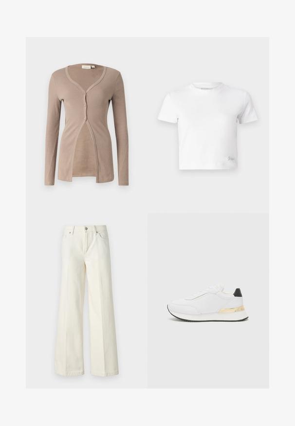 Μπεζ ριγωτό κασκόλ με μακριά μανίκια, V-λαιμόκοψη και κλείσιμο με πέντε κουμπιά. Διαθέτει μαλακή υφή και σχέδιο με εμπρόσθια άνοιγμα για άνετη εφαρμογή.; Λευκή κοντή μπλούζα φτιαγμένη από απαλό βαμβάκι, με ψηλό λαιμό και κοντά μανίκια. Μικρό κεντημένο λογότυπο στη γωνία στο κάτω μέρος.; Φαρδιά λευκά τζιν από μείγμα βαμβακιού. Διαθέτουν φερμουάρ, πέντε τσέπες και ραφή κατά μήκος των ραφών.; Λευκό αθλητικό παπούτσι με λεία επιφάνεια, διαθέτει μαύρη λεπτομέρεια στη φτέρνα και χρυσό μεταλλικό στοιχείο στη σόλα. Σχέδιο με κορδόνια, ελαστική σόλα.