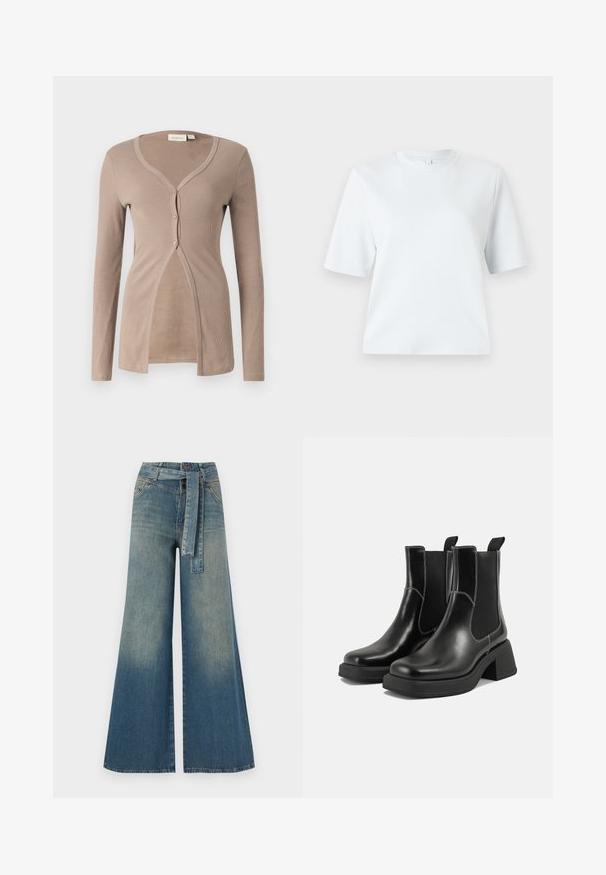 Šviesiai rudos spalvos banguotas kardiganas su ilgomis rankovėmis, V formos iškirpte ir penkių mygtukų uždarymu. Pasižymi švelnios tekstūros ir priekyje atidaroma konstrukcija, suteikiančia laisvą prigludimą.; Šviesiai mėlyna trumpomis rankovėmis marškinėliai, pagaminti iš minkštos medvilnės. Turi klasikį apvalų iškirpimą ir laisvą siluetą, be raštų ar akcentų.; Platus džinsinis kelnes su šviesiai tamsiai mėlynu gradientu, aukštu juosmeniu, diržo kilpomis ir atitinkančiu audinio diržu. Textūruotas džinsinis paviršius.; Juodos odinės Chelsea botai su storiu kulnu, elastinėmis šoninėmis panelėmis ir kontrastinga balta siūle. Tekstūruota apdaila.