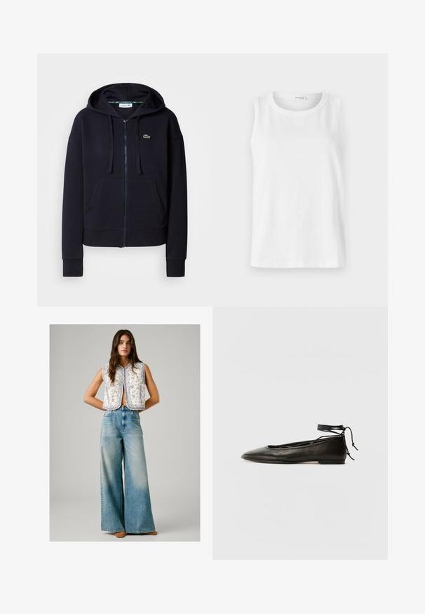 Marineblå hettegenser med glidelås laget av myk bomull. Har en frontlomme, snorhette, ribbestrikkede mansjetter og en liten brodert logo.; Hvit ermeless topp laget av myk bomull. Har rund halsringning og rett snitt. Enkelt design uten synlige mønstre eller detaljer.; Kvinne i ermeløs hvit blomstermønstret vest parret med høy midje og vide blekede blå jeans og brune sko, stående med hendene bak ryggen.; Svarte lær balletflater med spiss tå, ankelbånd og flat såle, som har en glatt tekstur og minimalistisk design.