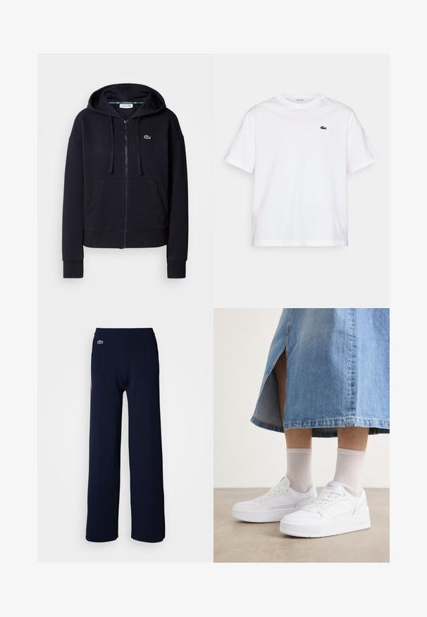 Tengerész navy színű zipzáras kapucnis pulóver, puha pamut anyagból készült. Elöl zsebbel, húzózsinóros kapucnival, bordás mandzsettákkal és egy apró hímzett logóval rendelkezik.; Fehér pamut póló, kerek nyakkivágással és rövid ujjakkal. A mellkason zöld hímzett logóval rendelkezik. Puha tapintású, laza szabású.; Sötétkék, bőszárú nadrág kellemes tapintással, bordázott derékrésszel és egy kis zöld logóval elöl, amely a letisztult dizájnt emeli ki.; Fehér tornacipők texturált bőrrel, platform talppal, kerek orral és fűzőrendszerrel; világosszürke térdzoknikkal és farmer szoknyával párosítva.