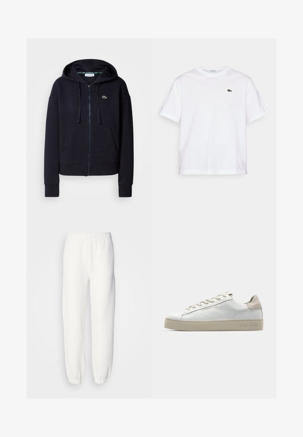 Hoodie zippé marine en tissu de coton doux. Il présente une poche avant, une capuche avec cordon de serrage, des poignets côtelés et un petit logo brodé.; T-shirt en coton blanc avec un col rond et des manches courtes. Présente un logo brodé vert sur la poitrine. Texture douce, coupe décontractée.; Pantalon de survêtement blanc en tissu tricoté doux. La taille et les poignets élastiques assurent une coupe décontractée. Design minimaliste, sans motifs ni accents visibles.; Sneaker en cuir blanc avec une finition lisse, accents en suède beige, bout arrondi, design à lacets plats et semelle en caoutchouc texturée.