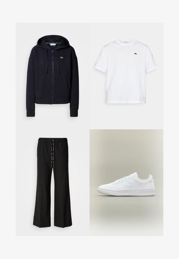 Námořnická zipová mikina vyrobená z měkké bavlněné tkaniny. Obsahuje přední kapsu, kapuci na stahování, žebrované manžety a malé vyšívané logo.; Bílý bavlněný tričko s kulatým výstřihem a krátkým rukávem. Na hrudi se nachází zelený vyšitý logo. Měkká textura, uvolněný střih.; Černé široké kalhoty s elastickým pasem a černou šňůrkou. Vyrobené z hladkého materiálu bez viditelných vzorů nebo kovových doplňků.; Bílé tenisky s hladkým materiálem, zaoblenou špičkou, šněrováním, decentním logem na boku a texturovanou podrážkou.