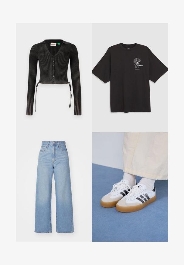 Melnas ribotas īsās kardigānas ar garām piedurknēm, V veida kakla izgriezumu, pogu aizdari un sānu saitēm. Tam ir teksturēts adījuma raksts.; Melna kokvilnas T-kreklu ar īsām piedurknēm, ar roku grafiku un tekstu "Levi's LA LUNE" baltā krāsā kreisajā krūtīs.; Gaiši zili augstās jostas vidukļa platās bikses ar priekšējo pogu un rāvējslēdzēju, priekšējām un aizmugurējām kabatām uz baltā fona.; Baltas sporta apavi ar melnām svītrām un beisīgo zamšādu akcentiem. Ievies struktūrētu gumijas zoli un izkārtotas baltas šnerves, valkāti ar gaišiem zeķēm.