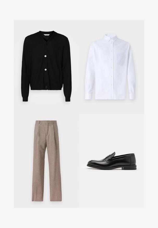 Juodas cardiganas, pagamintas iš lengvos medžiagos, su V formos kaklu, ilgomis rankovėmis ir penkiais apvaliais mygtukais priekyje. Lygus paviršius.; Balta ilga rankovė mygtukų marškiniai, pagaminti iš medvilnės, su krūtine kišene ir toniniu siuvinėjimu, apykakle ir mygtukų apvadu.; Rudos, aukšto liemens kelnes, pagamintas iš tekstūruotos medžiagos. Plati kojos, dvi priekinės klostės struktūrai. Tvarkingas apdailos darbai, be matomų detalių.; Juodos odinės loafers, turinčios lygų paviršių, apvalią noselę ir dekoratyvinę juostą per priekinę dalį. Žemas krentantis kulnas, minimalistinis dizainas.